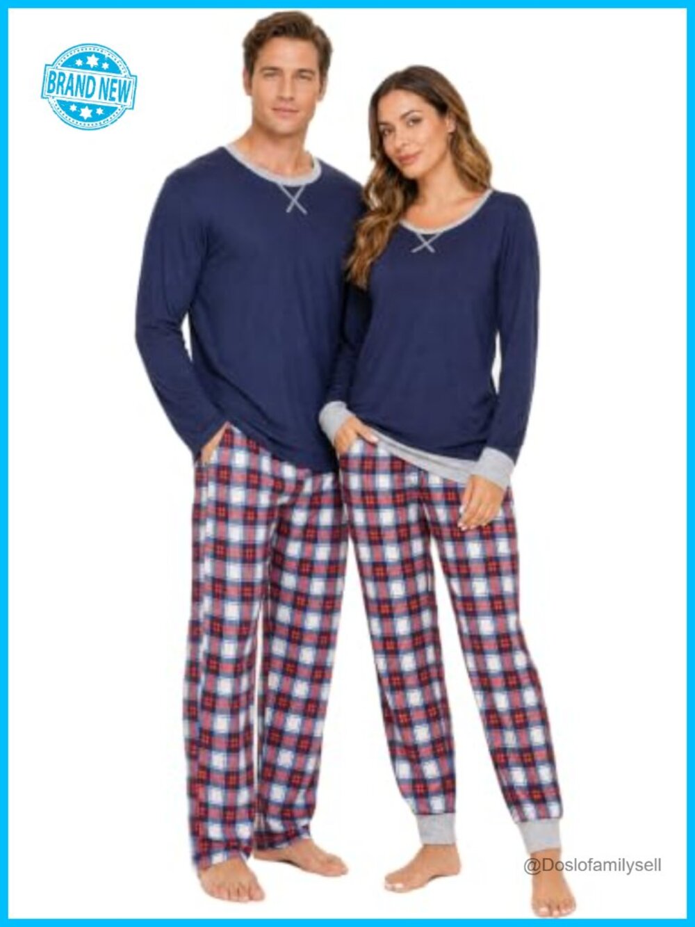 SWOMOG Couples Pajama Set Long Sleeve Modal Plaid Pants Loungewear with Pockets